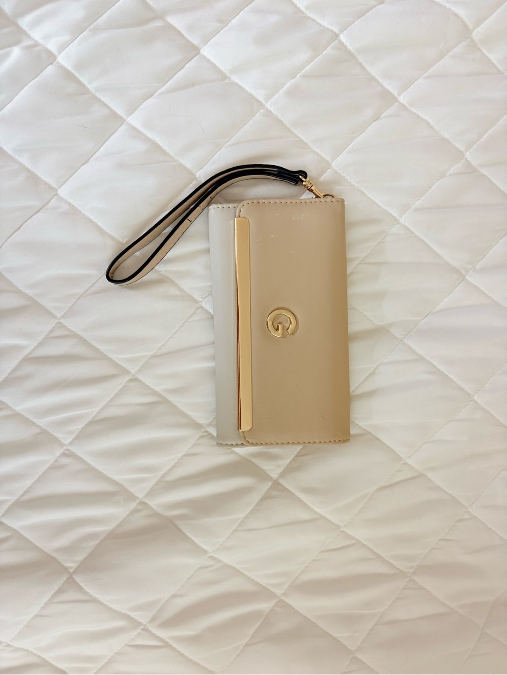 G by Guess Beige and Gold Wristlet Key & Card Holder with Black Strap